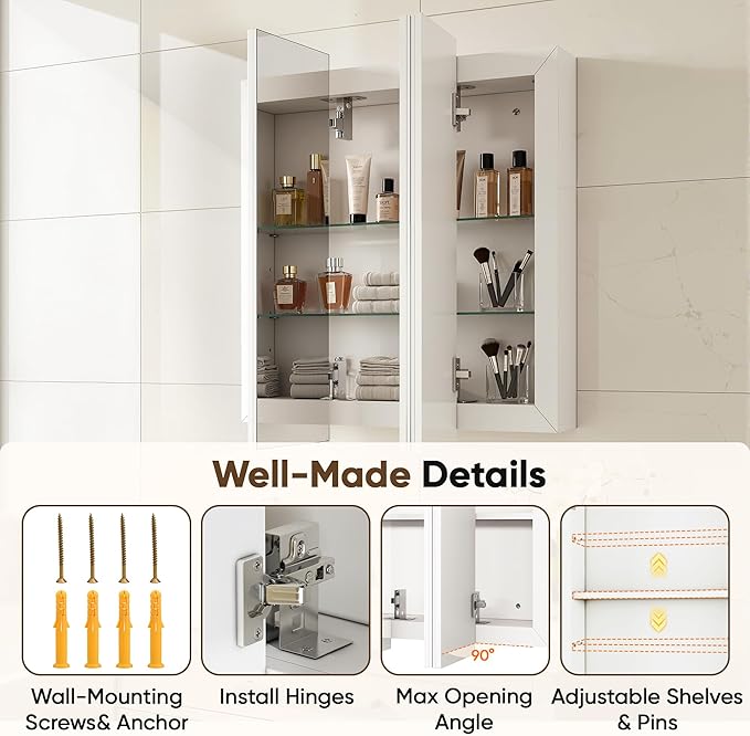 Antok 24x24 Inch Medicine Cabinet with Mirror, Wall Mounted Bathroom Mirror Cabinet, Wooden Medicine Cabinet Mirror, Recessed or Surface, White