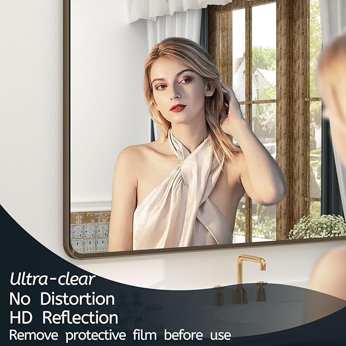 OKPAL 24x36 Bronze Bathroom Mirror, Brushed Metal Bathroom Vanity Mirrors for Wall, Bronze Rectangle Framed Bathroom Mirror, Anti-Rust (Horizontal/Vertical)