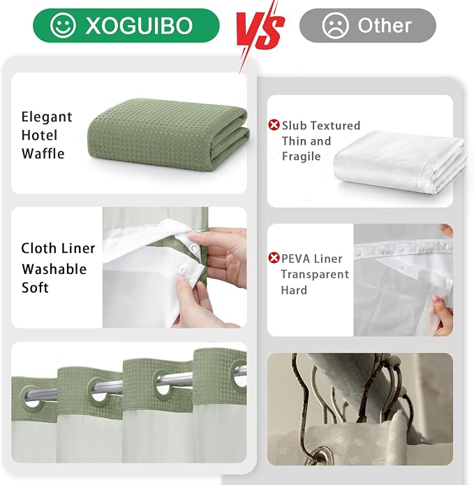 No Hook Shower Curtain with Liner Set Hotel Waffle Sage Green 72W X 81L | Washable Snap in Fabric Liner, Mesh Top Window, Waffle Hotel Style Shower Curtain Set