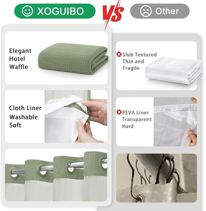 No Hook Shower Curtain with Liner Set Hotel Waffle Sage Green 72W X 81L | Washable Snap in Fabric Liner, Mesh Top Window, Waffle Hotel Style Shower Curtain Set