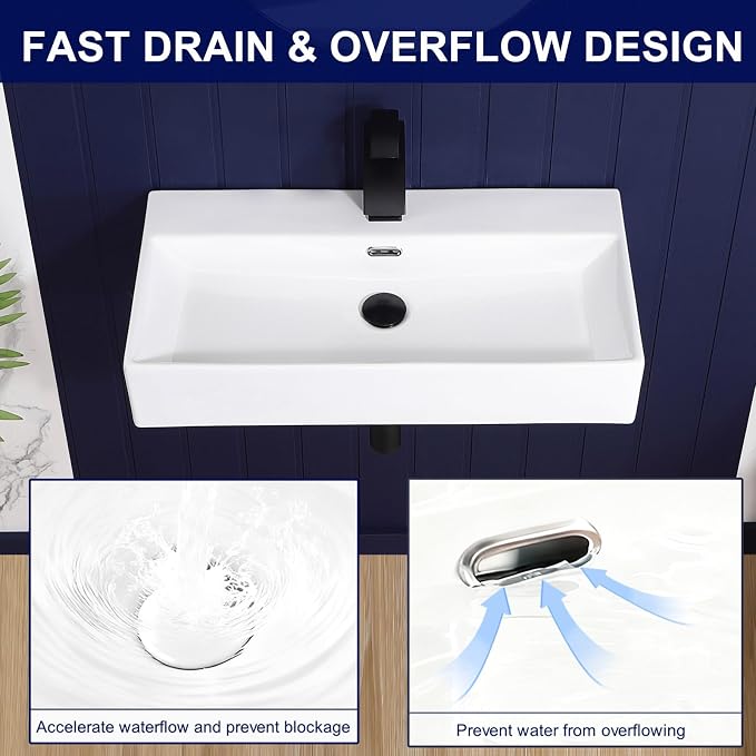 Wall Mount Bathroom Sink 28"x14" Small Vessel Sink Wall Mounted Rectangular Wall Hung Mini White Porcelain Ceramic Floating Tiny Sink with Overflow, Durable, Space-Saving, Ideal for Home,RV