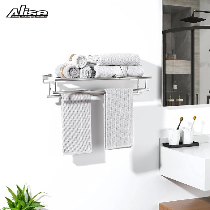 Alise Double Towel Rack for Bathroom Wall Mounted 24 Inch,Polished Chrome | Bathroom Tower Holder Towel Shelf with Double Towel Bars,SUS304 Stainless Steel Towel Rack with Shelf