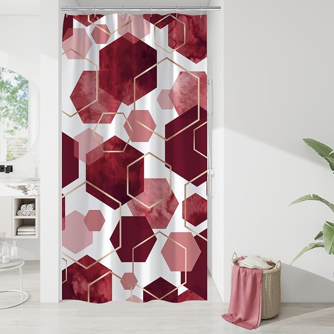 Litabel Small Stall Shower Curtain Set, Geometric Bathroom Decor 36x72 | Narrow Half Modern Minimalist Shower Curtais, Burgundy Geometric Art Print Abstract Waterproof Bath Curtain