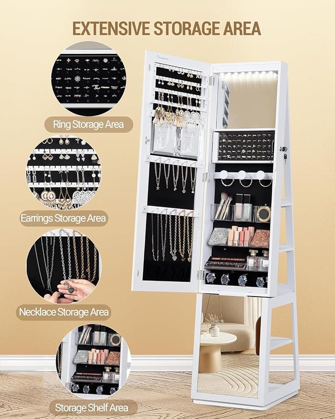 Hzuaneri 16 LEDs Jewelry Cabinet Armoire, Standing Jewelry Organizer | Lockable Full-length Mirror, 360° Rotating Base, 5-tier Storage Shelves, 4-in-1 Design, 61.5" H, White and Black JC15903B