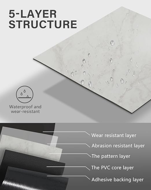 12" x 12" Peel and Stick Floor Tile, 10 Tiles Water-Resistant Vinyl Flooring, Grayish White Marble Peel and Stick Tile for Kitchen, Bedroom, Self Adhesive DIY Floor Tiles