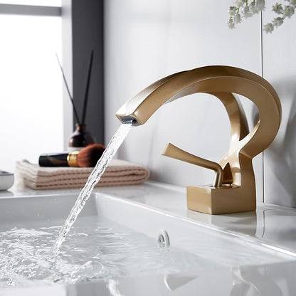 Bathroom Sink Faucet Waterfall Champagne Gold Creative Hollowed Body | One Hole Single Handle Elegant Antique Design Faucet Vanity Basin Deck Mount Lavatory Brass