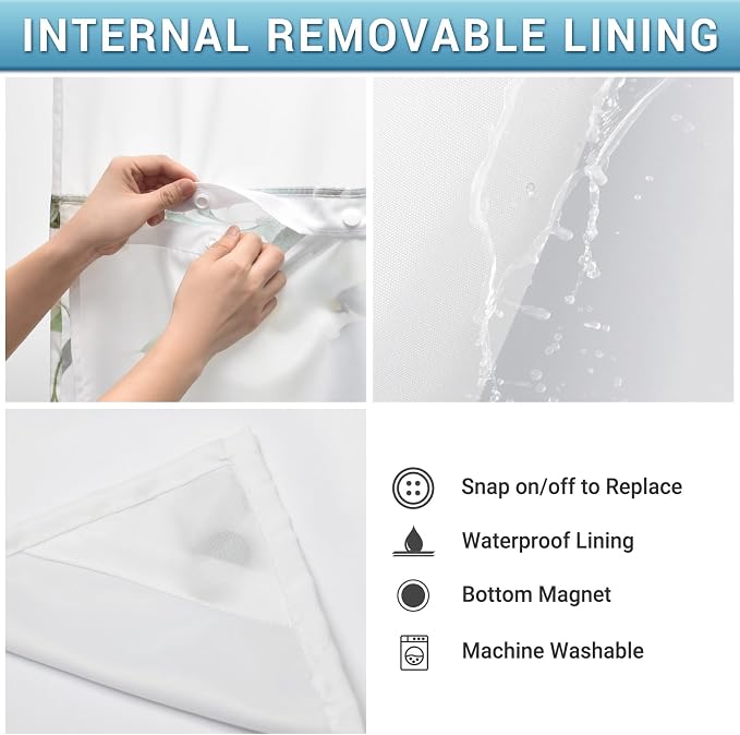 No Hook Shower Curtain with Liner, Eucalyptus Sage Green, 71x80 | Snap in Liner, 3 in 1, Water Repellent, Easy Install, Machine Washable, Hotel Style for Bathroom, Watercolor Pattern