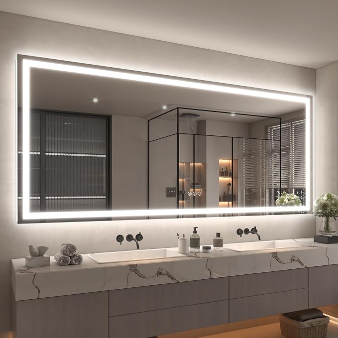 88x38 LED Lighted Bathroom Mirror for Vanity Wall | Front Light and Backlit, Anti-Fog, Memory, 3 Color, Tempered Glass, Dimmable, Rectangular, UL, Horizontal/ Vertical Mounted