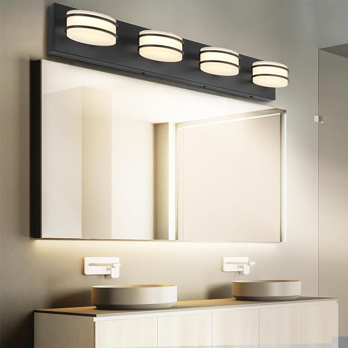 GOODATE 3 Color Temperature Dimmable Bathroom Light Fixtures Over Mirror, LED Black 4 Light Vanity Lighting Fixtures, Acrylic Stainless Steel Oval Shade Vanity Lights for Bathroom, ETL Certificated