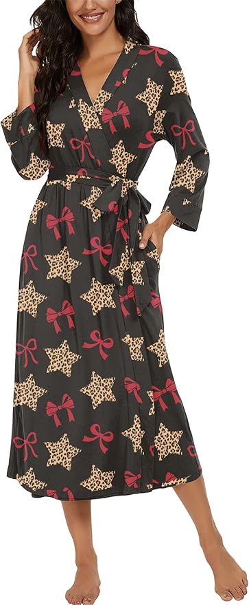 VINTATRE Women Kimono Robes Long Knit Bathrobe Lightweight Soft Knit Sleepwear V-neck Casual Ladies Loungewear