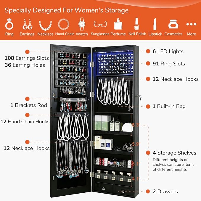 GISSAR Full Length Mirror Jewelry Cabinet, 6 LEDs Jewelry Armoire Wall Mounted Over The Door Hanging, Jewelry Organizer Storage with Lights Lockable, Black, 14.6" x 47.2"