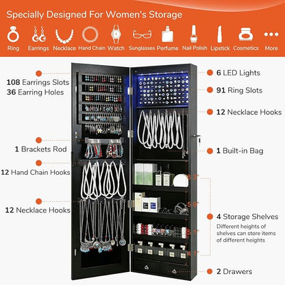 GISSAR Full Length Mirror Jewelry Cabinet, 6 LEDs Jewelry Armoire Wall Mounted Over The Door Hanging, Jewelry Organizer Storage with Lights Lockable, Black, 14.6" x 47.2"