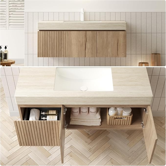 48" Bathroom Vanity with Sink, Wall-Mounted Plywood Bathroom Storage Cabinet with Ceramic Basin & Sintered Stone Countertop, Modern Pre-Assembled Floating Vanity with Drawer & Door, Oak