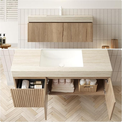 48" Bathroom Vanity with Sink, Wall-Mounted Plywood Bathroom Storage Cabinet with Ceramic Basin & Sintered Stone Countertop, Modern Pre-Assembled Floating Vanity with Drawer & Door, Oak
