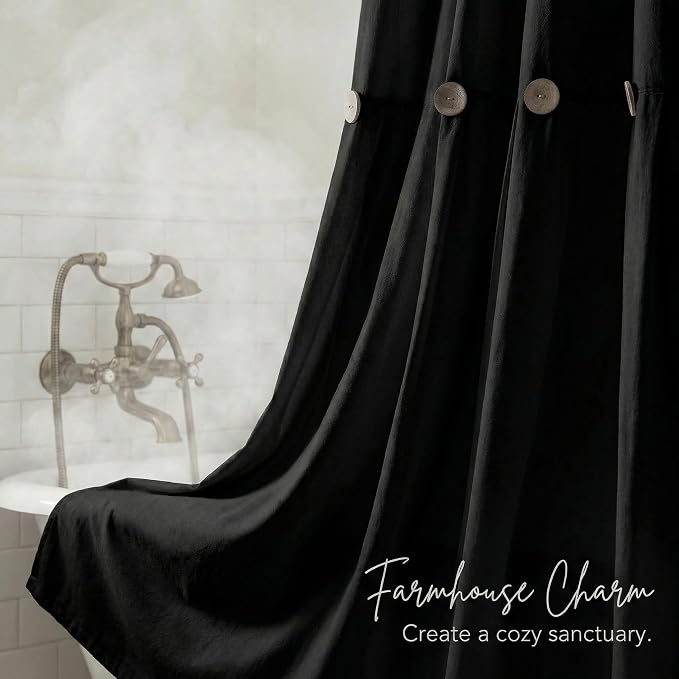 Farmhouse Shower Curtain Linen Button Rustic Black 72" W x 72" L | Farmhouse Style, Chic Button, Striped, Linen Fabric, Rustic, Country, Natural Look, Washable, for Bathroom Bathtub