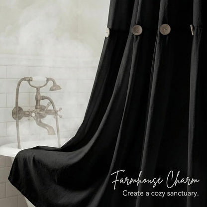 Farmhouse Shower Curtain Linen Button Rustic Black 72" W x 72" L | Farmhouse Style, Chic Button, Striped, Linen Fabric, Rustic, Country, Natural Look, Washable, for Bathroom Bathtub