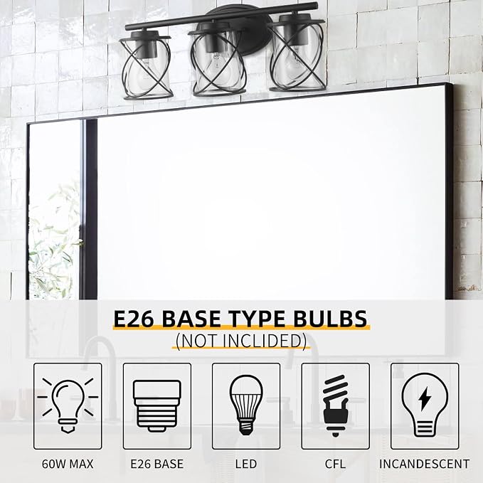 3-Lights Bathroom Vanity Lights, Bathroom Light Fixtures Over Mirror, Matte Black Vanity Light, Farmhouse Wall Lights with Clear Glass Shade, Bathroom Wall Lamp for Mirror Kitchen Bedroom