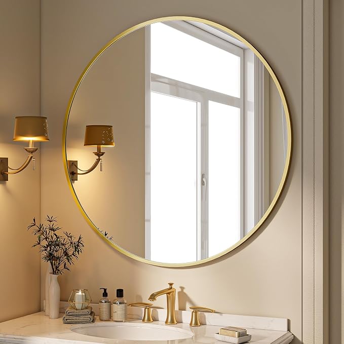 BEAUTYPEAK 40 Inch Round Mirror, Metal Frame Circle Mirror, Gold | Wall Mounted for Entryway, Bathroom, Vanity, Living Room
