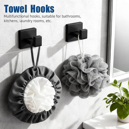 7-Piece Matte Black Bathroom Accessories Hardware Set, Stainless Steel 16" Towel Bar, Towel Ring, Toilet Paper Holder with Shelf, 4 Towel Hooks, Wall Mounted for Bathroom, Kitchen, Hotel