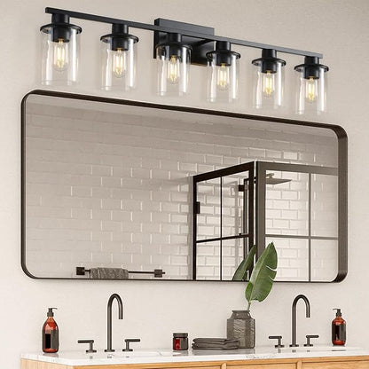 LOUSACE 6 Light Bathroom Vanity Light, Matte Black Bathroom Light Fixtures, Modern Bathroom Lights Over Mirror with Clear Glass Shade, Wall Sconce Lighting for Bathroom Mirror
