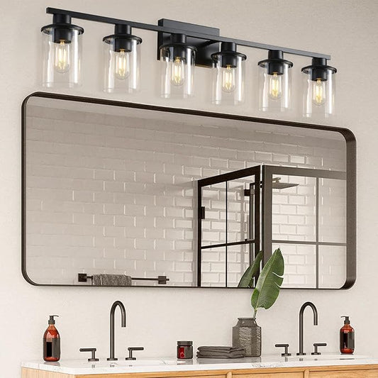 LOUSACE 6 Light Bathroom Vanity Light, Matte Black Bathroom Light Fixtures, Modern Bathroom Lights Over Mirror with Clear Glass Shade, Wall Sconce Lighting for Bathroom Mirror