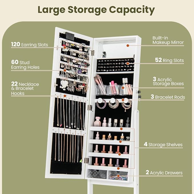 GOFLAME Jewelry Armoire Cabinet Standing, Lockable Full Length Mirror with Storage Shelves and 2 Drawers, Adjustable Tilt Angles, Stand Up Jewelry Box with Lighted Mirror (White)