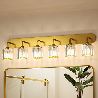 Keonjinn 6-Light Gold Crystal Bathroom Light Fixtures Over Mirror | Vanity Lighting Fixture with Crystal Square Shades, Dimmable, Modern Style, Compatible with E26 Base LED Bulbs (Exclude Bulb)