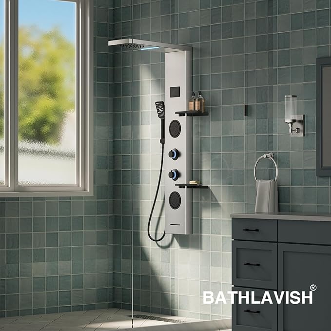 5 in 1 Brushed Nickel Shower Panel Tower System With Storage Shelf, 304 Stainless Steel Shower Tower with Rainfall Shower Handheld and Tub Spout, Powerful Body Jets, Wall-Mounted Shower Set