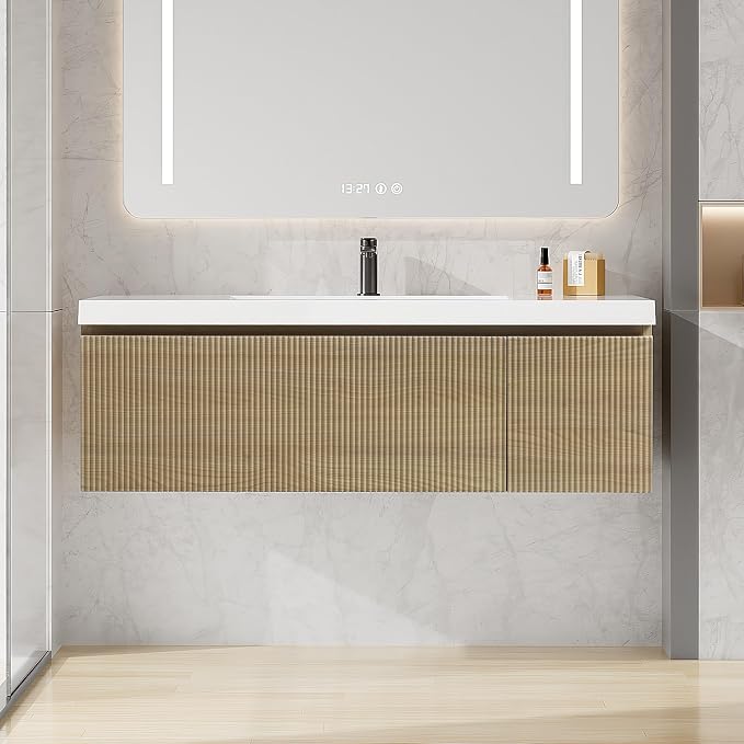 48 Inch Floating Bathroom Vanity with Sink, Modern Oak Wall Mounted Floating Vanity with Glossy Resin Sink, Soft Closing Drawer and Door, Fully Pre Assembled Bathroom Vanity, Natural Oak