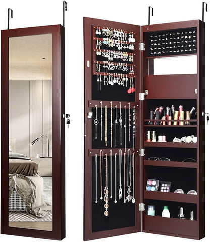 COSTWAY 12 LEDs Mirror Jewelry Cabinet, Wall/Door Mounted Jewelry Organizer Cabinet with 53.5” Full Length Mirror & Large Storage Capacity, Lockable Jewelry Armoire for Women Girls (Brown)