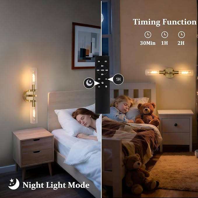 Shenmoyl Set of 2 Wall Sconces, 7800 mAh Battery Operated Wall Sconce with 3 Colors & Remote Control, Gold Rechargeable Wall Lamp with Clear Glass Shade for Bedroom, Bathroom, Living Room, Hallway