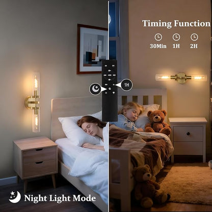 Shenmoyl Set of 2 Wall Sconces, 7800 mAh Battery Operated Wall Sconce with 3 Colors & Remote Control, Gold Rechargeable Wall Lamp with Clear Glass Shade for Bedroom, Bathroom, Living Room, Hallway