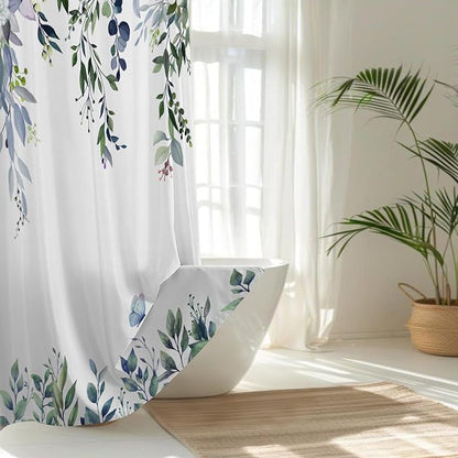Dark Green Floral Eucalyptus Shower Curtain with Hooks, 72x72 Inch | Waterproof Fabric, Watercolor Leaves and Floral, Botanical Style, Machine Washable, Quick-Drying, for Hotel Bathroom