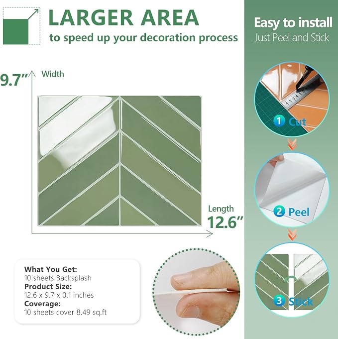 STICKGOO Herringbone Peel and Stick Backsplash, Olive Green, 10 Sheets | 12.6 x 9.7 in, Thicker Rectangular Vinyl Stick-On Wall Tiles, Easy Alignment, Waterproof, Easy to Clean, Kitchen/Bathroom