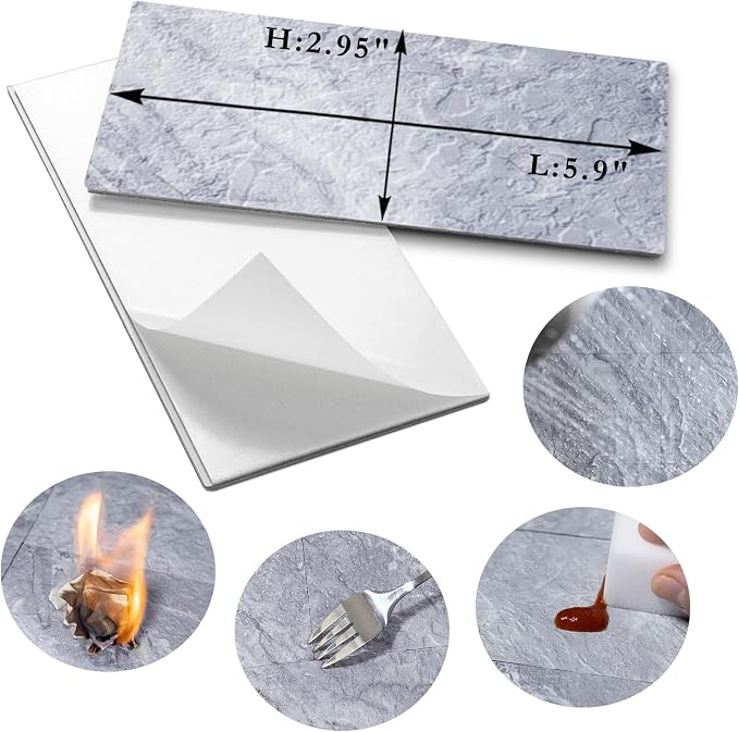 AULIGET 100-Piece Peel and Stick Backsplash Wall Tiles, 3" x 6" PVC Grey Marble Faux Stick on Tiles for Backsplash Kitchen, Bathroom, Laundry Room, Camper, Fireplace