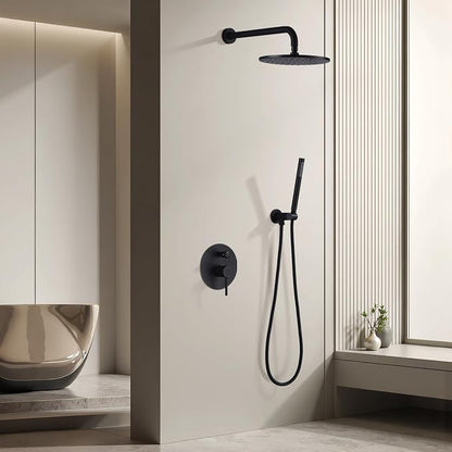 TRUSTMI 12" Pressure Balance Rain Shower System with Handheld, Matte Black | Rain shower faucet with cUPC valve and handheld spray. Prevents scalding, ideal for safe modern bathroom upgrades