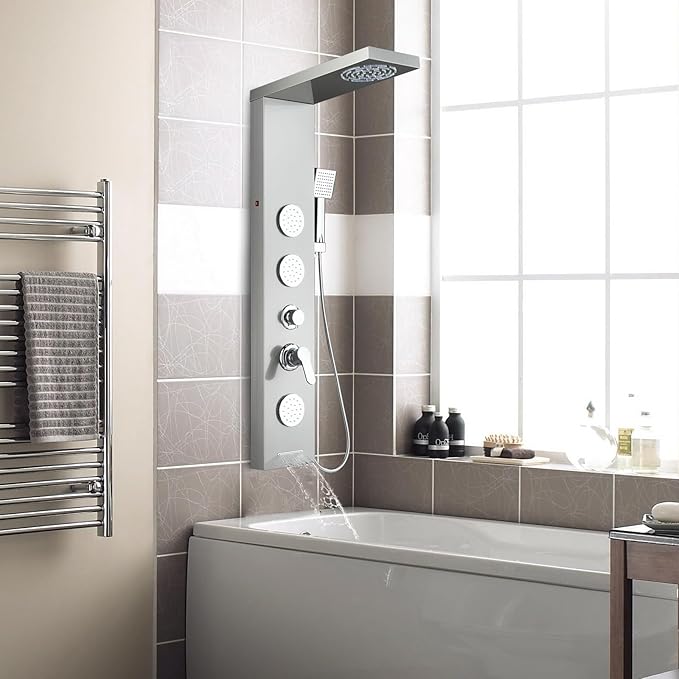 ROVOGO Shower Panel Tower System with Led Lights, 2-Mode Shower Head, 3 Body Jets, Handheld and Tub Spout, 46.5" Stainless Steel Shower Column with Mixer Valve, Brushed