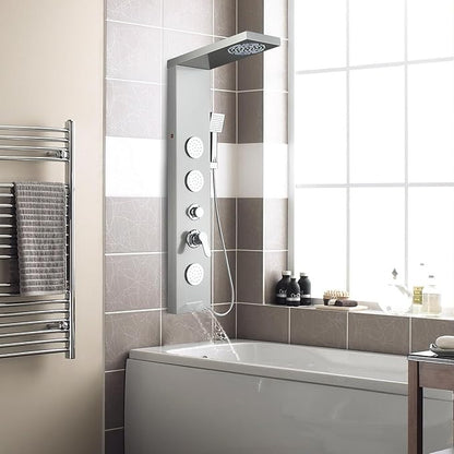 ROVOGO Shower Panel Tower System with Led Lights, 2-Mode Shower Head, 3 Body Jets, Handheld and Tub Spout, 46.5" Stainless Steel Shower Column with Mixer Valve, Brushed