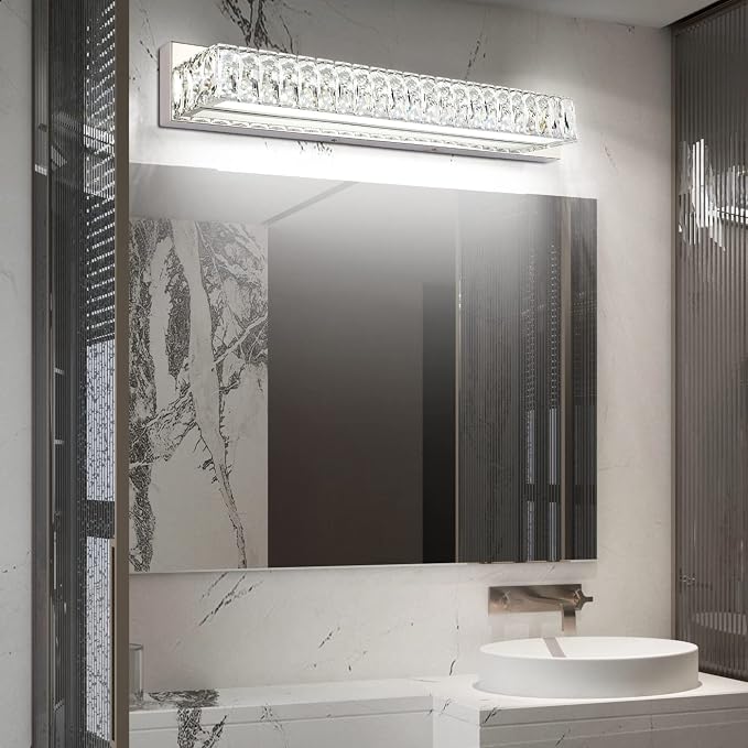 Modern Bathroom Light Fixtures Over Mirror 30 inch Crystal Chrome LED Vanity Light Bar White Light 6000K (7500-760mm)