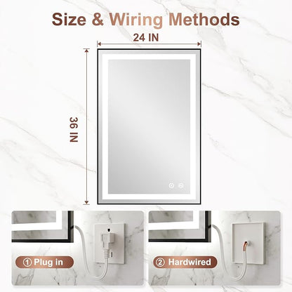 LED Bathroom Mirror with Lights, 24"x36" Black Framed Lighted Vanity Mirror | Anti-Fog, Dimmable 3 Color Temperature, Front & Backlit, Memory Function, Shatterproof Tempered Glass