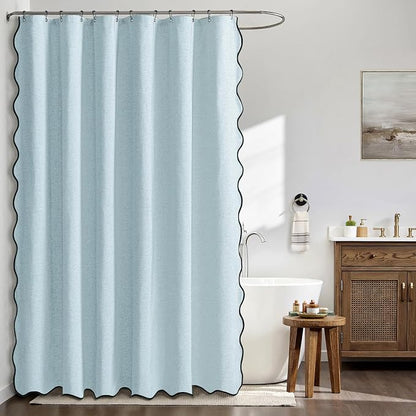 MIULEE Fog Blue Scalloped Linen Shower Curtain 72x72 Inches | Linen Textured, Waterproof, Washable, 12 Metal Hooks, Heavy Duty Cloth, Black Border, Shower Curtain for Bathroom Bathtub
