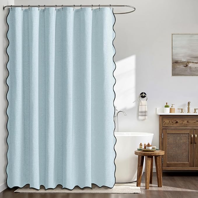MIULEE 72"x84" Extra Long Scalloped Linen Shower Curtain Fog Blue | Linen Textured, Waterproof, Washable, 12 Metal Hooks, Heavy Duty Cloth, Black Border, Shower Curtain for Bathroom Bathtub