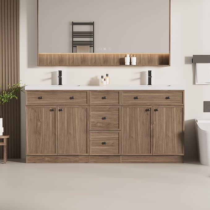 LUCKWIND 72" Bathroom Vanity Sink Combo, Modern Bathroom Cabinet with Double Undermount Solid Surface Vanity Sink, Soft-Close Hinges & Water-Saving Faucet, Taupe