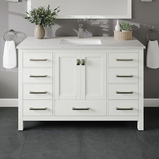 Eviva London 48 Bathroom Vanity with Top, Sink, and Quartz Countertop - Freestanding Single Sink Vanity for Modern Bathrooms