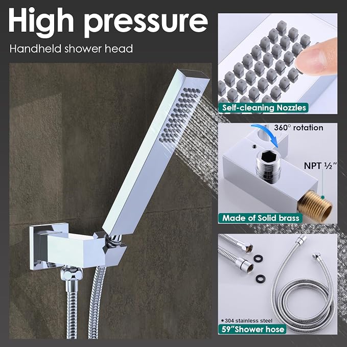 LED Spa Shower System Rainfall Waterfall with Handheld, Chrome | 20x14-Inch Luxury 2 Modes Showerhead with Ligh t Remote Control, 3 Way Mixer Valve