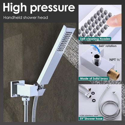 LED Spa Shower System Rainfall Waterfall with Handheld, Chrome | 20x14-Inch Luxury 2 Modes Showerhead with Ligh t Remote Control, 3 Way Mixer Valve
