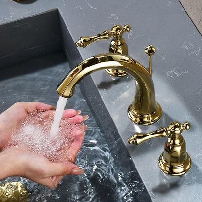 Vanity Faucet 3 Holes Gooseneck 2 Handle Bathroom Faucet with Pull Rod Hot and Cold Water,Zirconium Gold