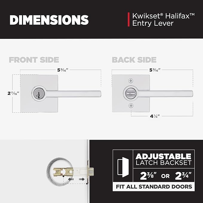 Kwikset Halifax Entry Door Handle with Lock and Key, Secure Keyed Reversible Lever Exterior, Doorlock, For Front Entrance and Bedrooms, Polished Chrome, Pick Resistant Smartkey Rekey Security