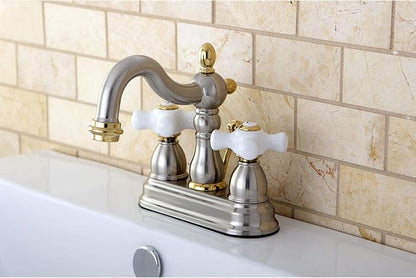 Kingston Brass KB1609PX Heritage 4" Centerset Lavatory Faucet Porcelain Cross Handle, Brushed Nickel/Polished Brass