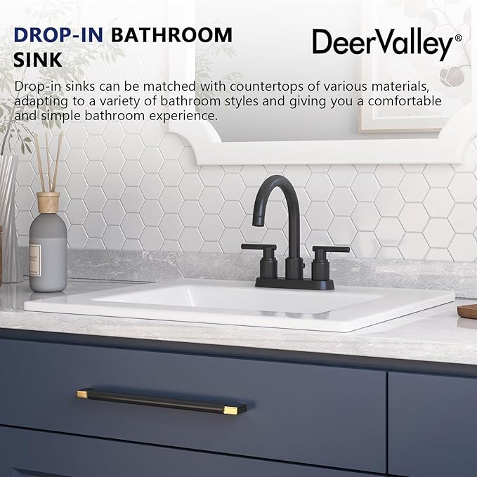 DeerValley 21x18 Inch Rectangular Fireclay Drop-in Bathroom Sink, White Vessel Sink with Overflow, Modern Art Basin, DV-1DS0123